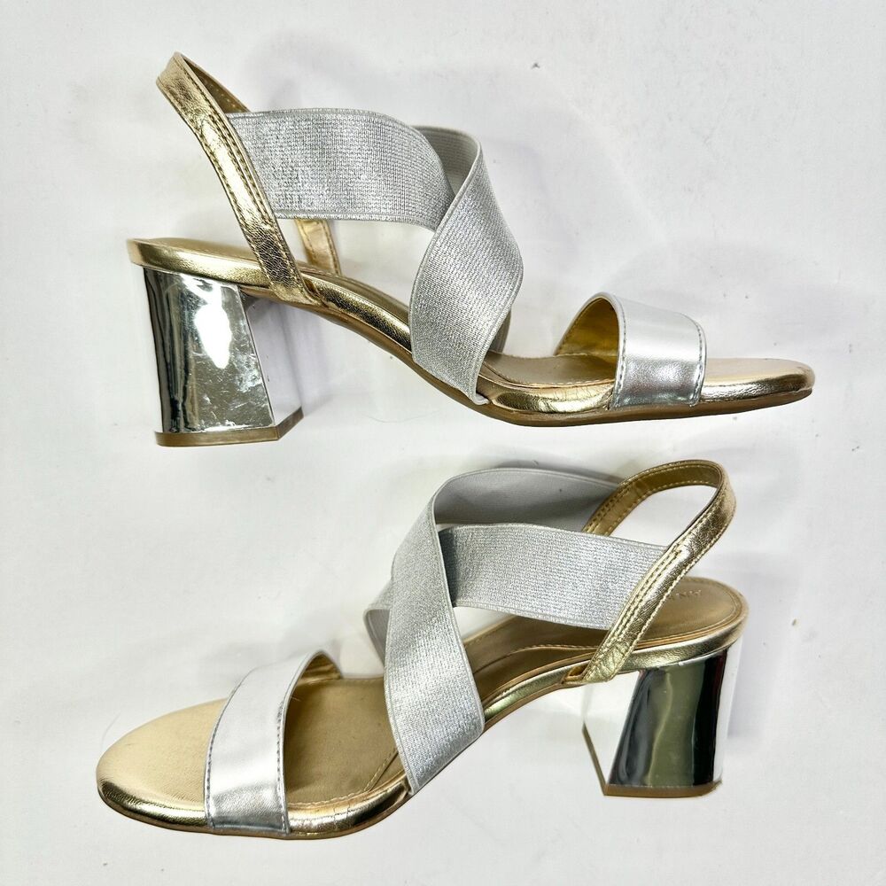 Anne Klein Sandals Women 6M Gold Silver Rayna Chunky Block Heel Festival Boho